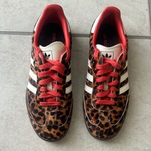 adidas Leopard Print Athletic Shoes with Red and White Accents